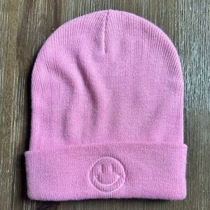 Women’s pink happy without him fashion beanie hat embroidered face one size